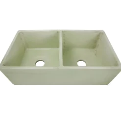 New Double Bowl Farmhouse Fireclay Sink with Shabby Green Finish Double Bowl Sinks|Apron Front / Farmhouse Sinks
