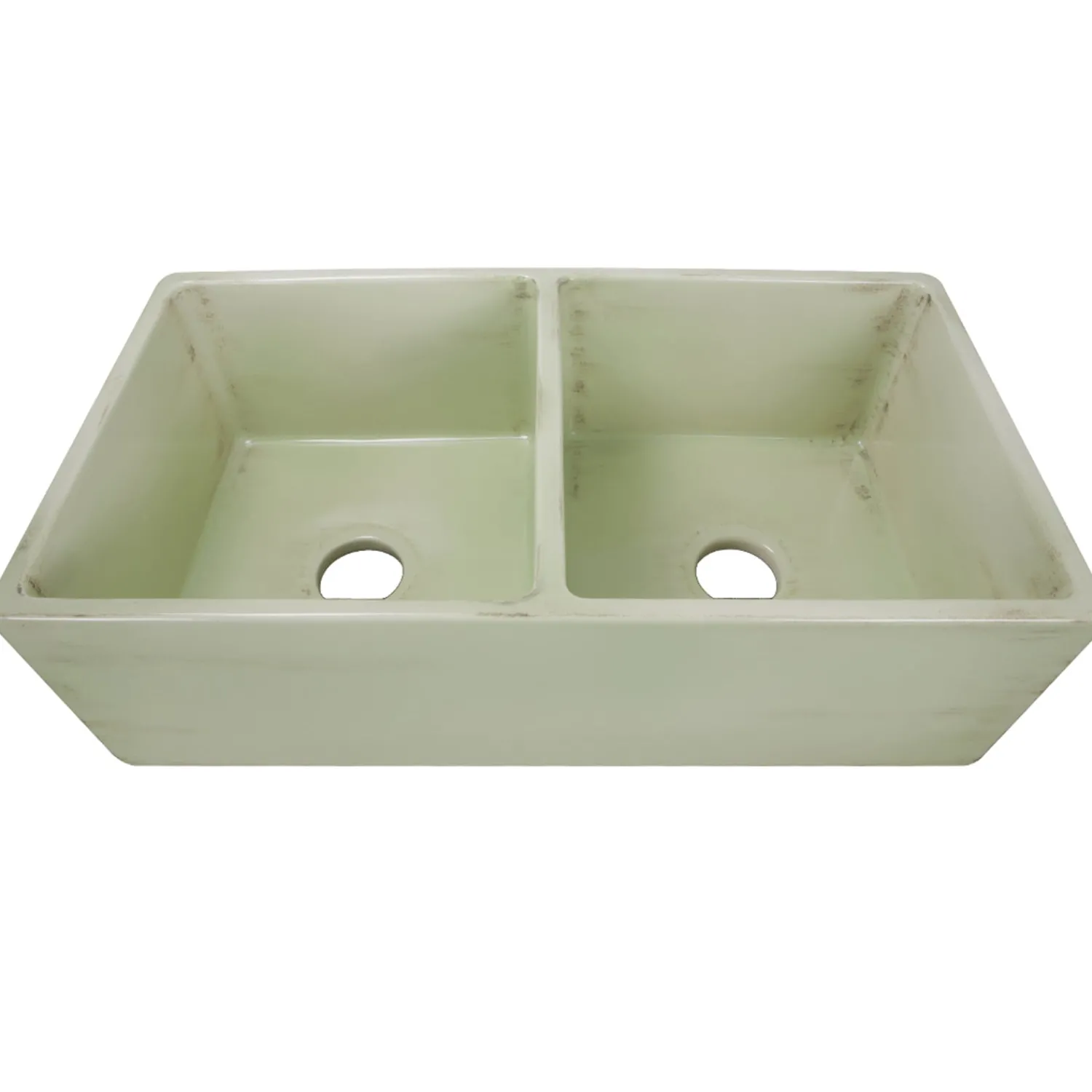 New Double Bowl Farmhouse Fireclay Sink with Shabby Green Finish Double Bowl Sinks|Apron Front / Farmhouse Sinks