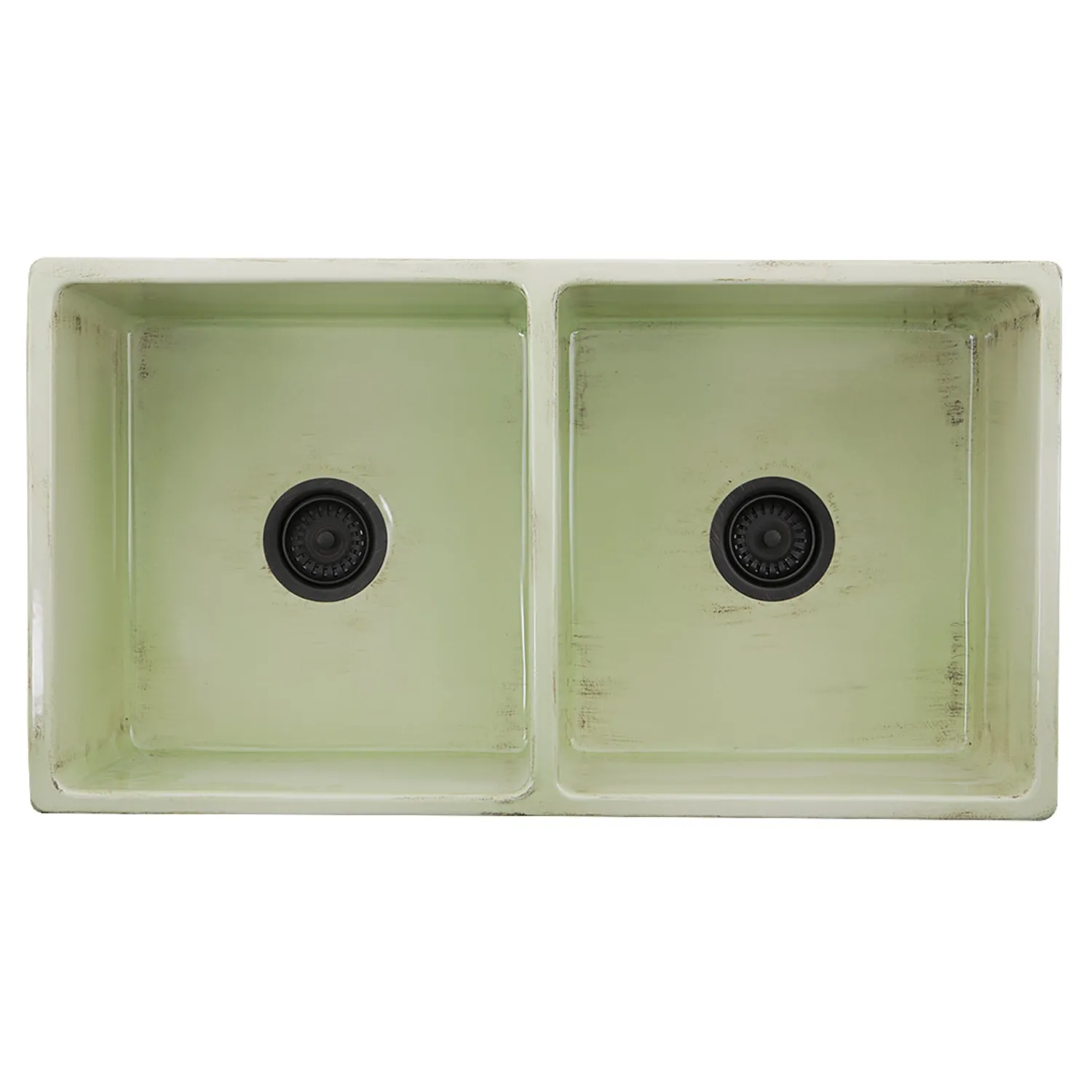 New Double Bowl Farmhouse Fireclay Sink with Shabby Green Finish Double Bowl Sinks|Apron Front / Farmhouse Sinks