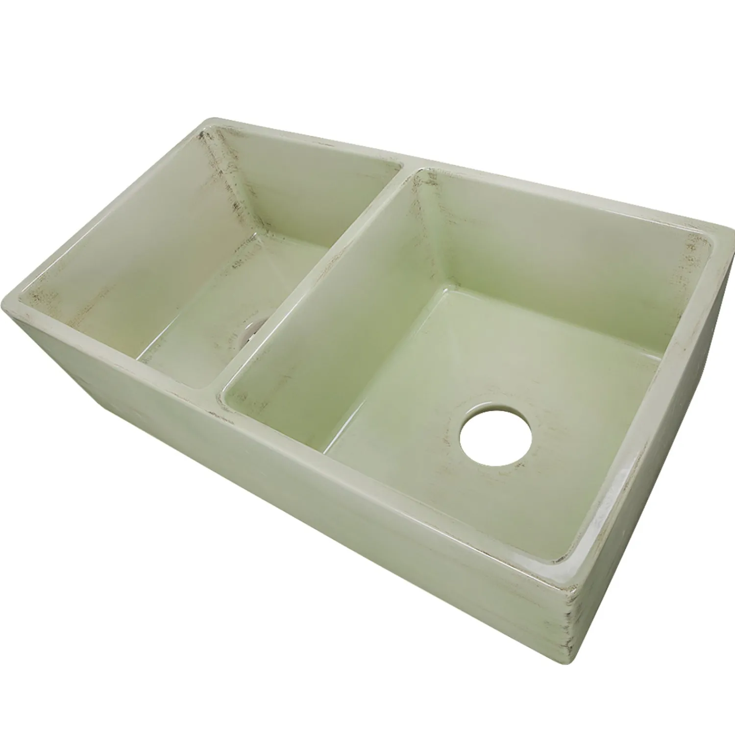New Double Bowl Farmhouse Fireclay Sink with Shabby Green Finish Double Bowl Sinks|Apron Front / Farmhouse Sinks