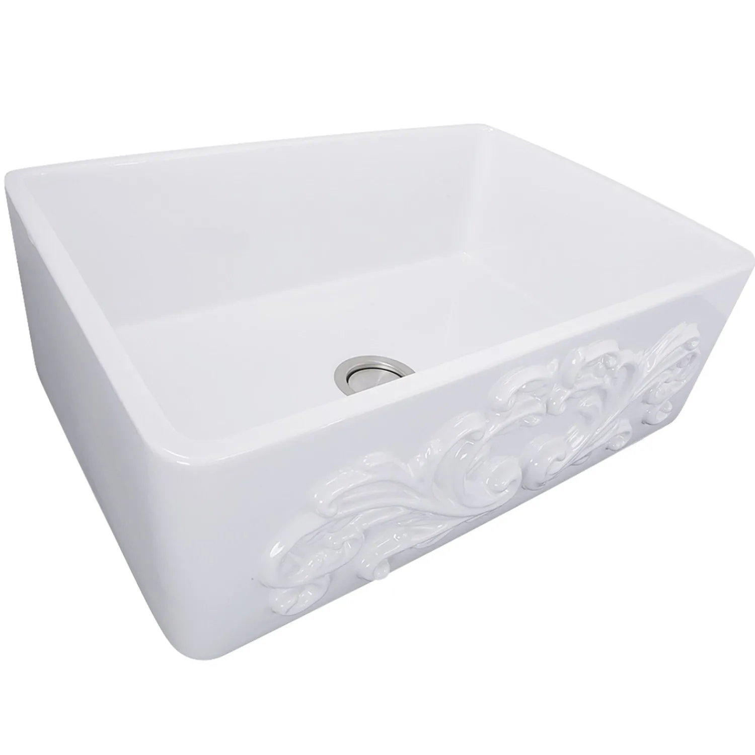 Discount 30" Farmhouse Fireclay Sink with Filigree Apron Single Bowl Sinks|Apron Front / Farmhouse Sinks