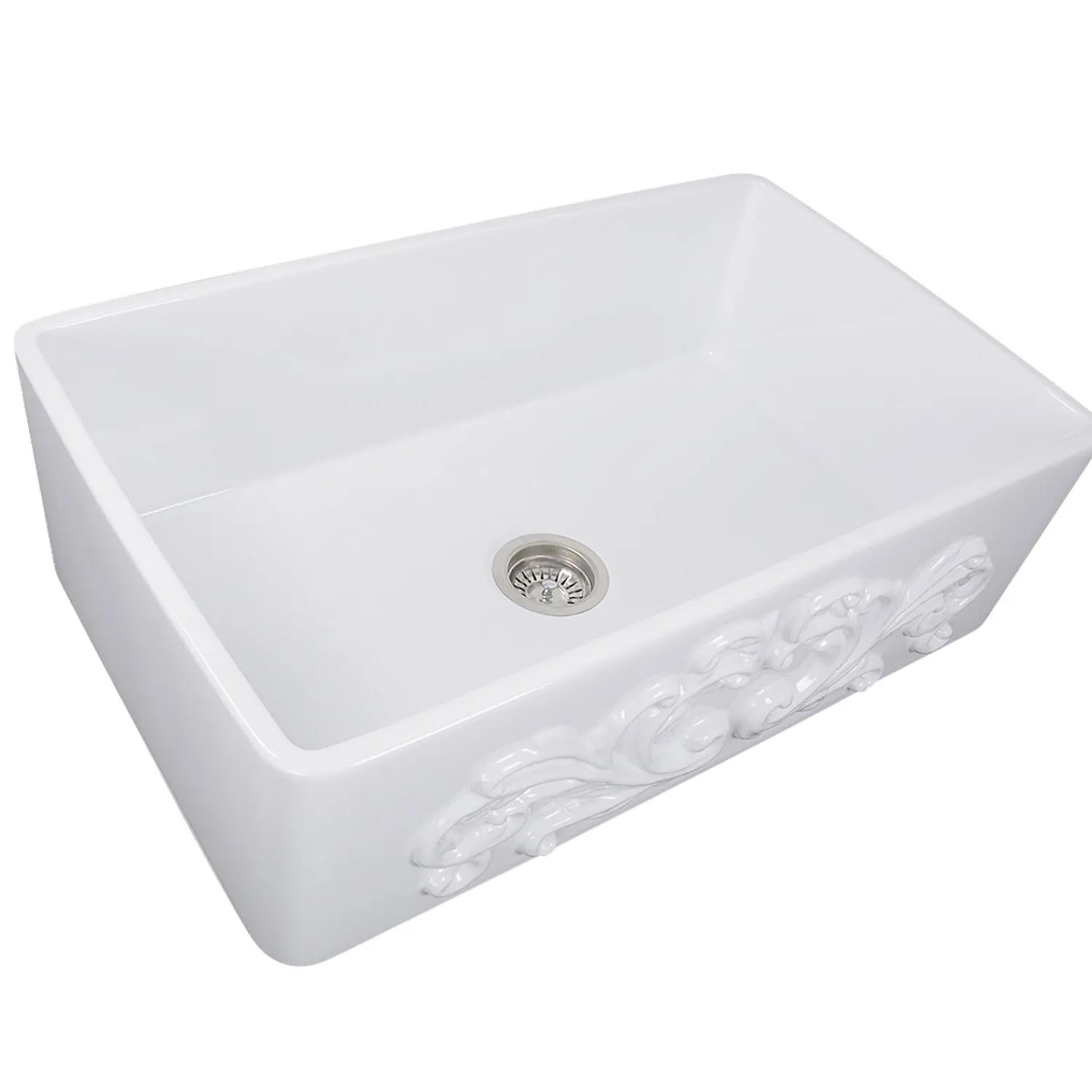 Outlet 33" Farmhouse Fireclay Sink with Filigree Apron Single Bowl Sinks|Apron Front / Farmhouse Sinks