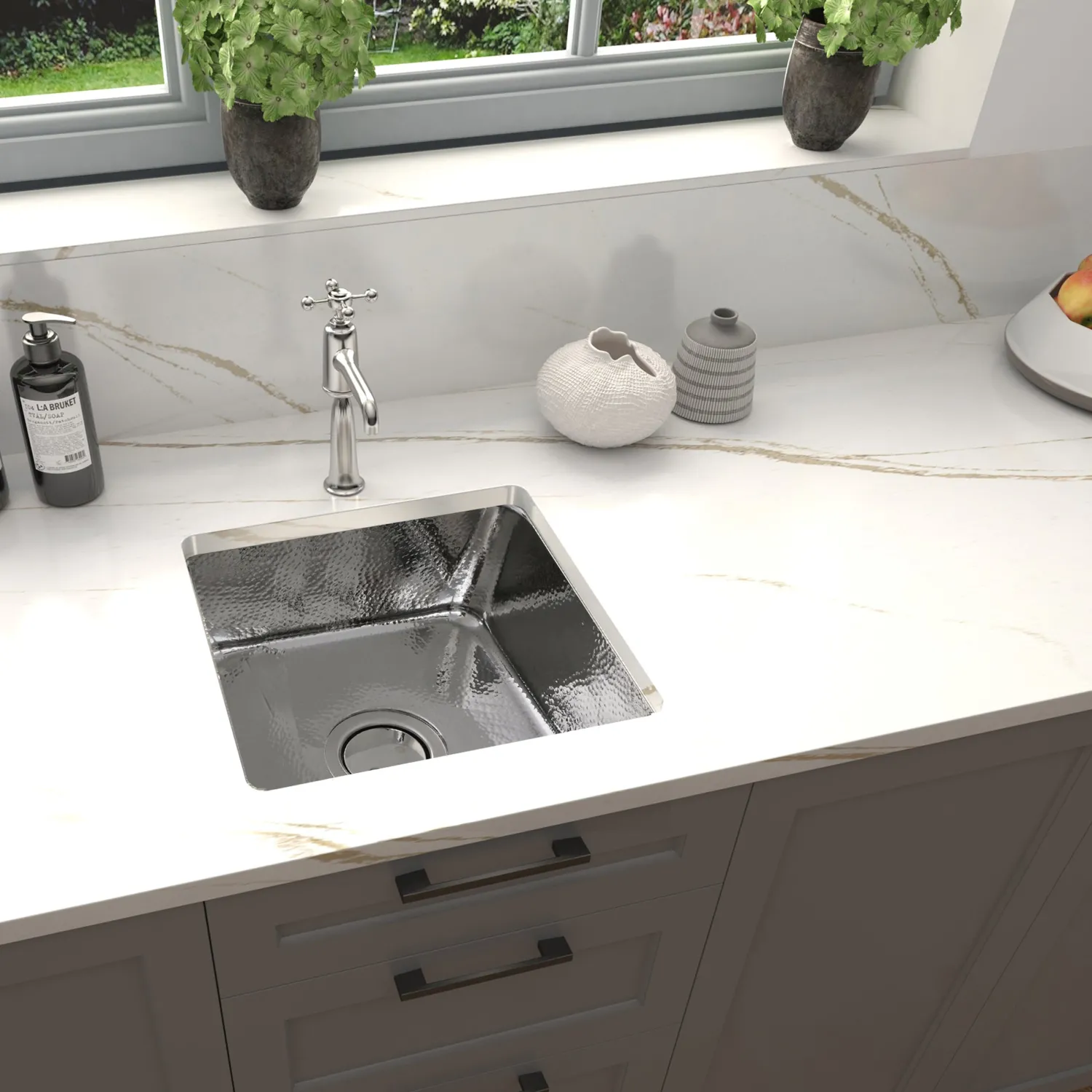 Online SQRS-7 16.5" Square Hammered Stainless Bar Sink Stainless Steel Sinks|Single Bowl Sinks
