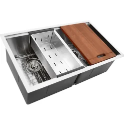 Hot SR-PS-3219-DE-16 Double Equal Workstation Small Radius Undermount Stainless Sink with Accessories Workstation Sinks|Double Bowl Sinks