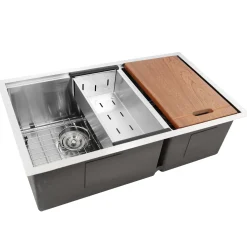 Best SR-PS-3219-OS-16 Offset Double Bowl Workstation Small Radius Undermount Stainless Sink with Accessories Stainless Steel Sinks|Undermount Sinks