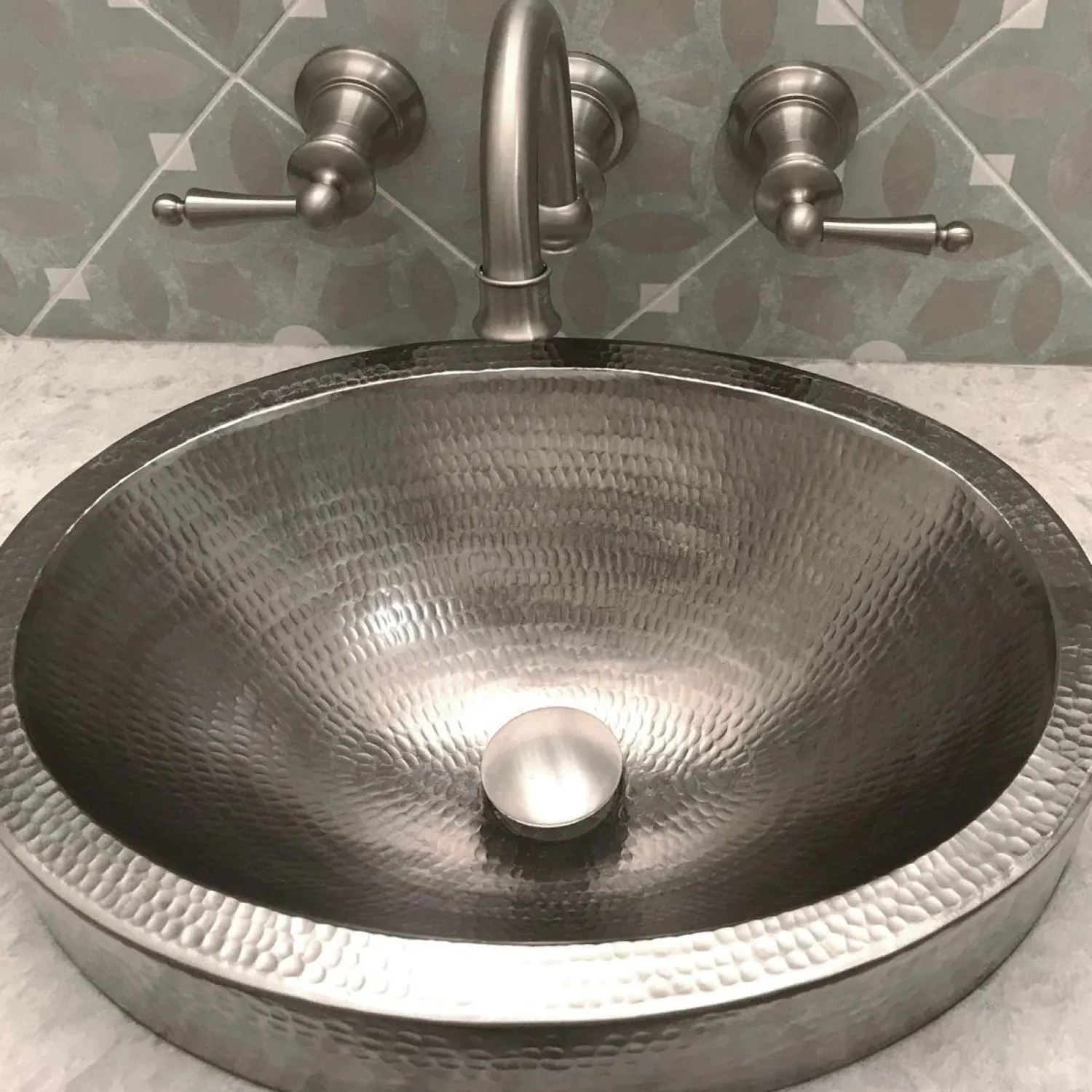 Discount 17" Oval Nickel Plated Hammered Copper Recessed Bathroom Sink Semi-Recessed Sinks