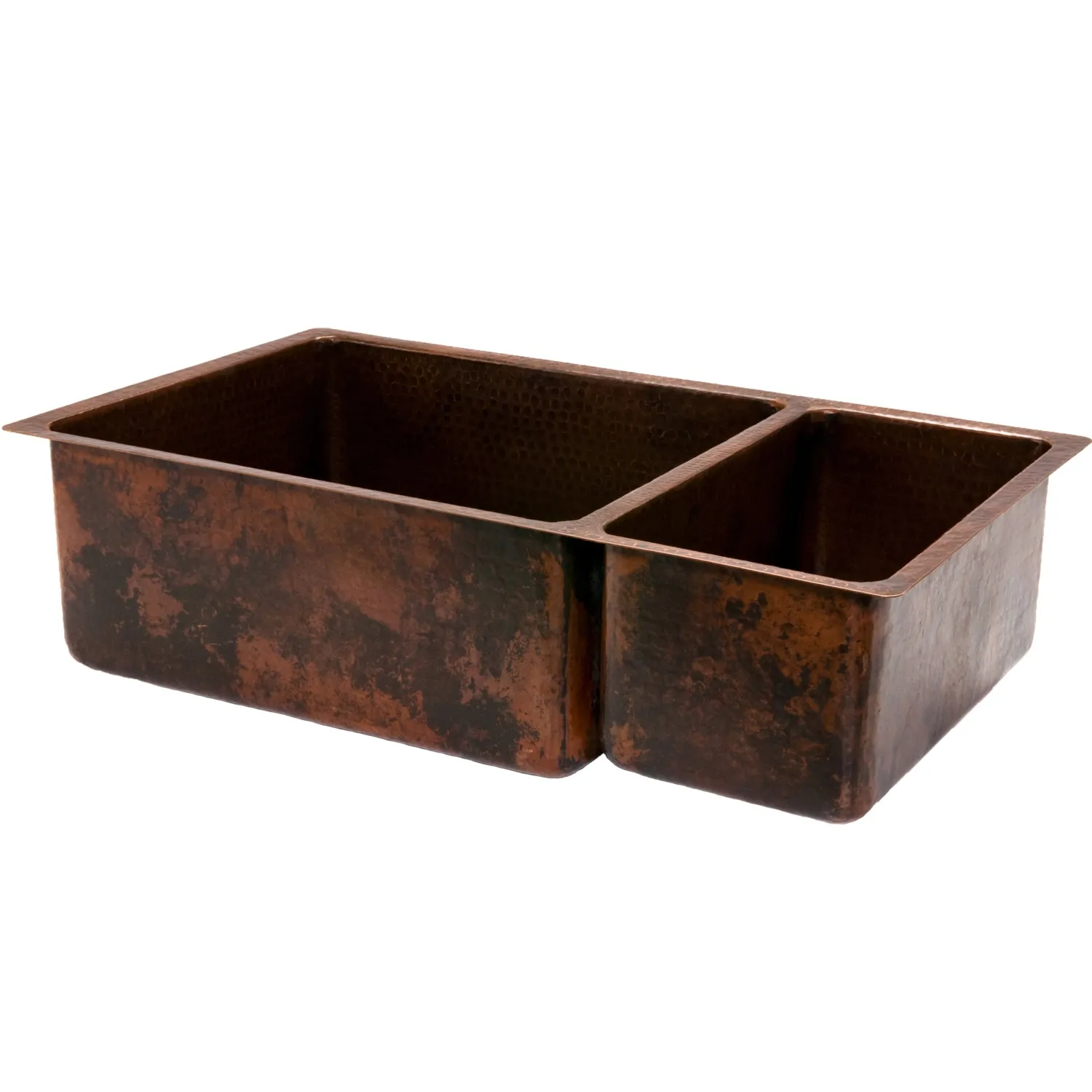 Discount 33" Hammered Copper Kitchen 75/25 Double Basin Sink Double Bowl Sinks|Undermount Sinks