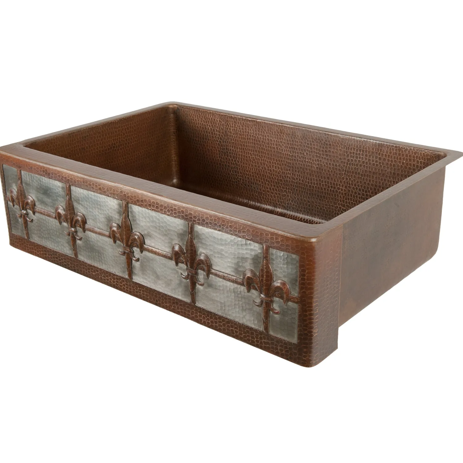 Discount 33" Hammered Copper Kitchen Apron Single Basin Sink with Fleur De Lis Design and Apron Front Nickel Background Single Bowl Sinks|Apron Front / Farmhouse Sinks