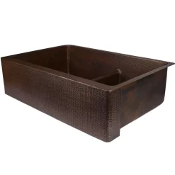 Clearance 33" Hammered Copper Kitchen Apron 60/40 Double Basin Sink with Short 5" Divider Double Bowl Sinks|Apron Front / Farmhouse Sinks