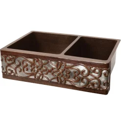 Hot 33" Hammered Copper Kitchen Apron 60/40 Double Basin Sink with Scroll Design and Apron Front Nickel Background Double Bowl Sinks|Apron Front / Farmhouse Sinks