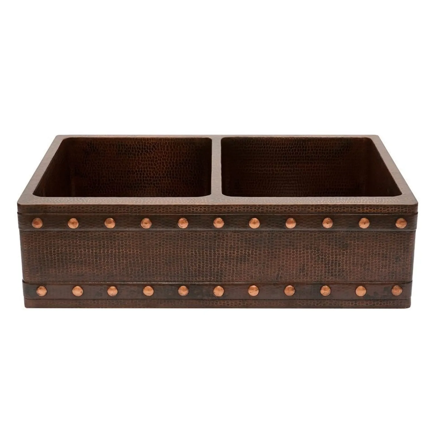 Online 33" Hammered Copper Kitchen Apron 50/50 Double Basin Sink with Barrel Strap Design Double Bowl Sinks|Apron Front / Farmhouse Sinks