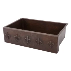 Hot 33" Hammered Copper Kitchen Apron Single Basin Sink with Fleur De Lis Single Bowl Sinks|Apron Front / Farmhouse Sinks