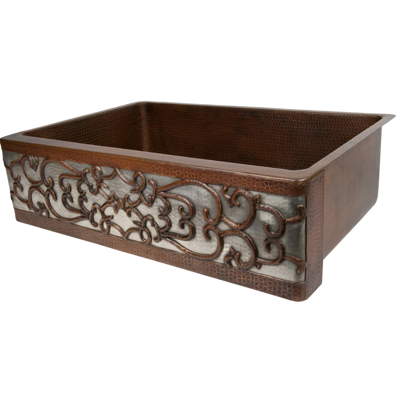 Online 33" Hammered Copper Kitchen Apron Single Basin Sink with Scroll Design and Apron Front Nickel Background Single Bowl Sinks|Apron Front / Farmhouse Sinks