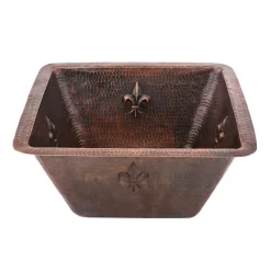 Discount 15" Square Fleur De Lis Copper Bar/Prep Sink with 2" Drain Size Bar / Prep Sinks