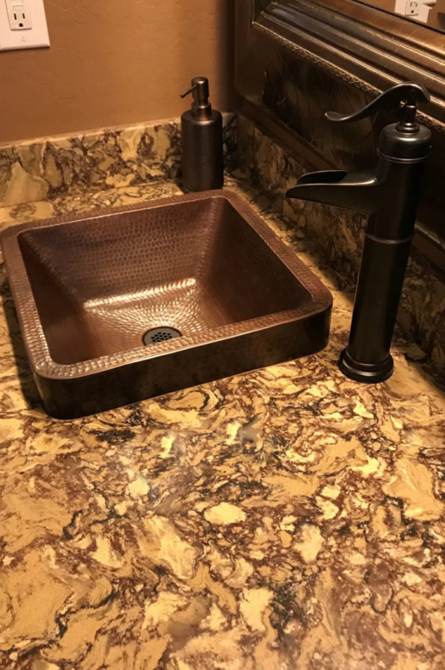 Online 15" Square Skirted Vessel Hammered Copper Sink Semi-Recessed Sinks|Above Counter / Vessel Sinks