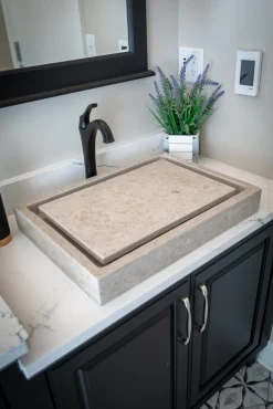 Rectangular Infinity Pool Sink in Polished Penny Grey Marble Above Counter / Vessel Sinks