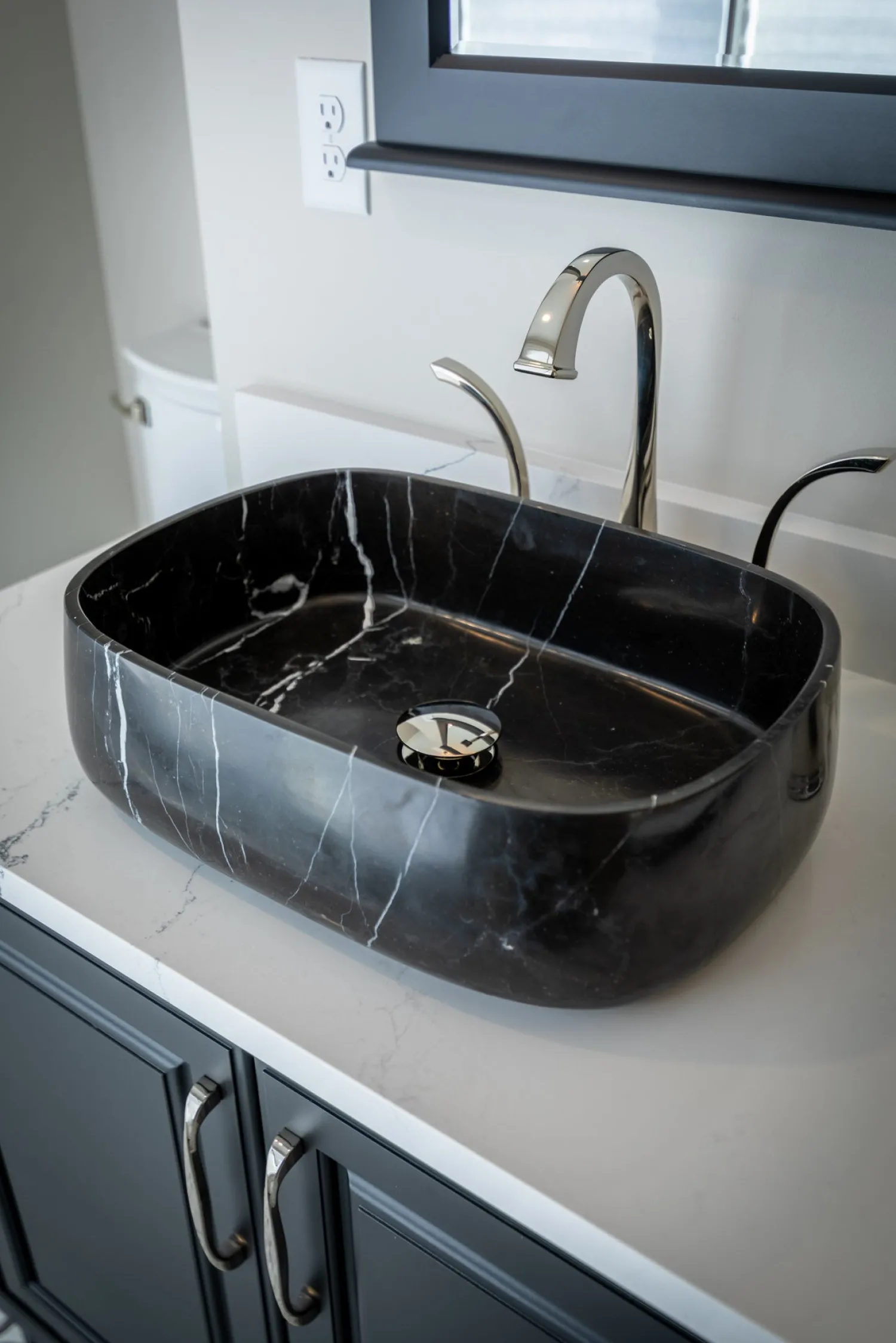 Discount Rounded Rectangular Vessel Sink in Nero Marquino Marble Above Counter / Vessel Sinks