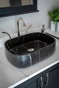 Discount Rounded Rectangular Vessel Sink in Nero Marquino Marble Above Counter / Vessel Sinks