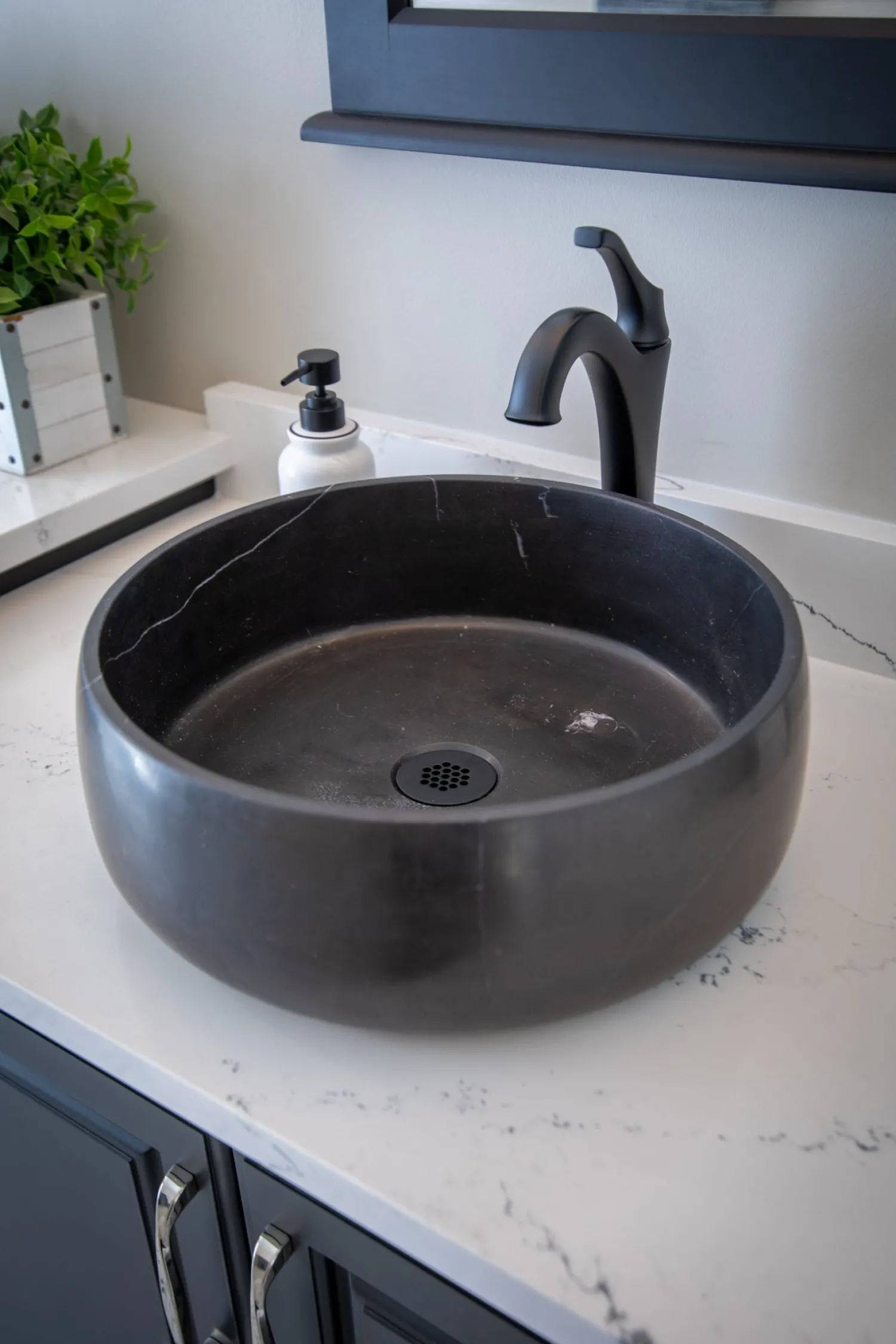 Online Rounded Vessel Sink in Nero Marquino Marble Above Counter / Vessel Sinks