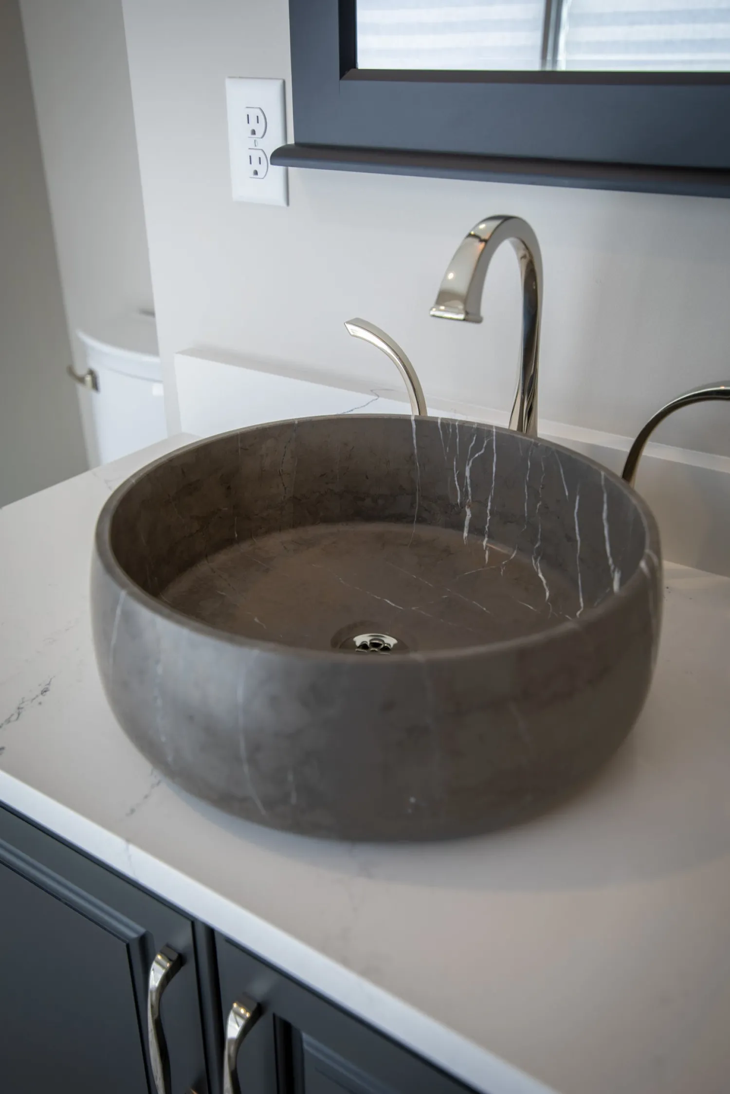 Best Rounded Vessel Sink in Pietra Grey Marble Above Counter / Vessel Sinks