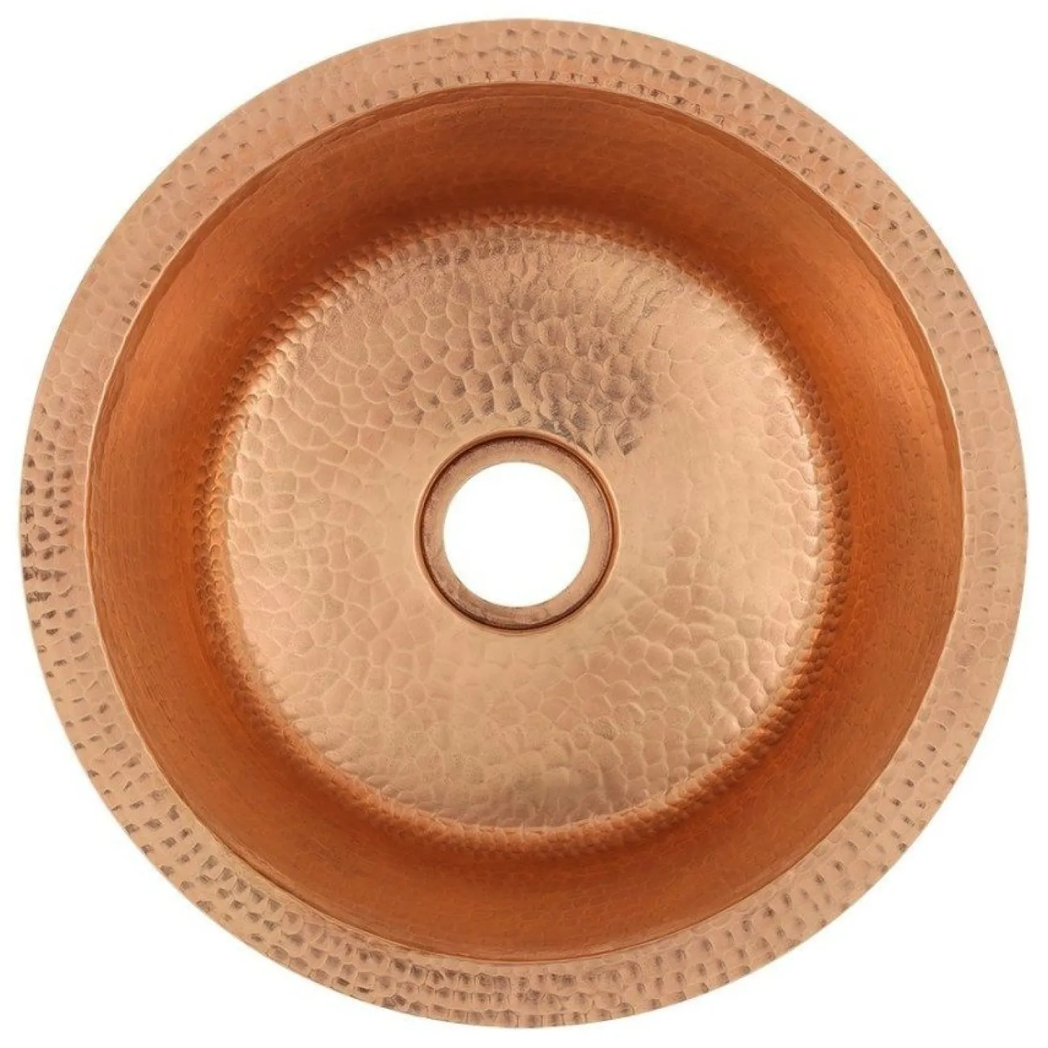 14" Round Hammered Copper Bar Sink with 2" Drain Opening in Polished Copper Bar / Prep Sinks