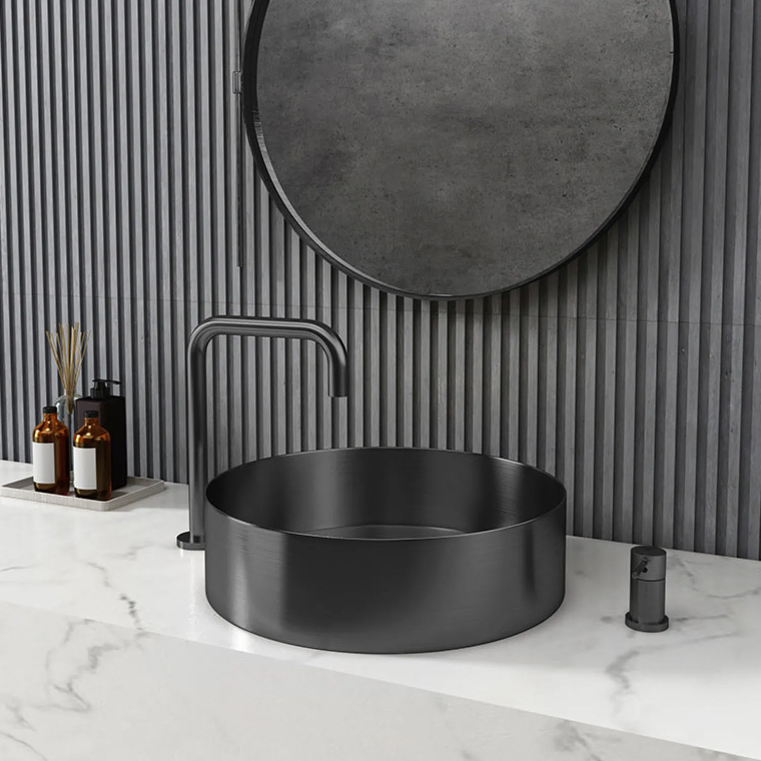 New 15" Round Stainless Steel Bathroom Vessel Sink with Drain in Black Stainless Steel Sinks|Above Counter / Vessel Sinks