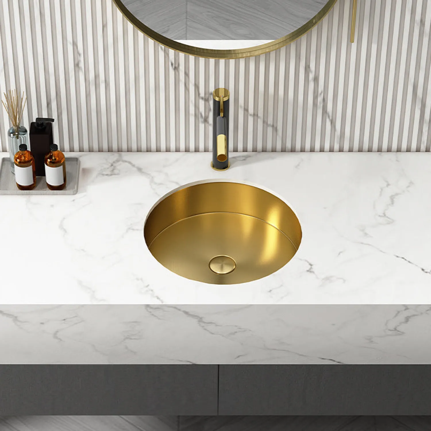Best 15" Round Stainless Steel Undermount Bathroom Sink with Drain in Gold Undermount|Stainless Steel Sinks
