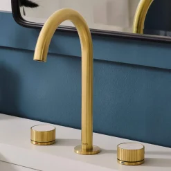 New Athena Stone Marble Fluted Widespread Bathroom Faucet in Brushed Gold 8