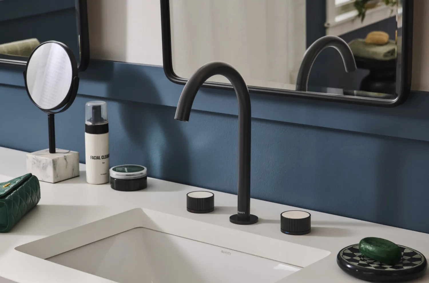 New Athena Stone Marble Inlay Fluted Widespread Bathroom Faucet in Matte Black 8" Widespread
