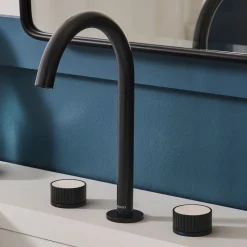 New Athena Stone Marble Inlay Fluted Widespread Bathroom Faucet in Matte Black 8