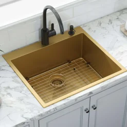 Hot 25" Brass Matte Gold Single Bowl Topmount Kitchen Sink Gunmetal, Brass, & Gold