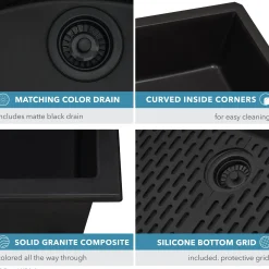 Online 27" Composite Undermount Single Bowl Kitchen Sink in Midnight Black Single Bowl Sinks|Undermount Sinks