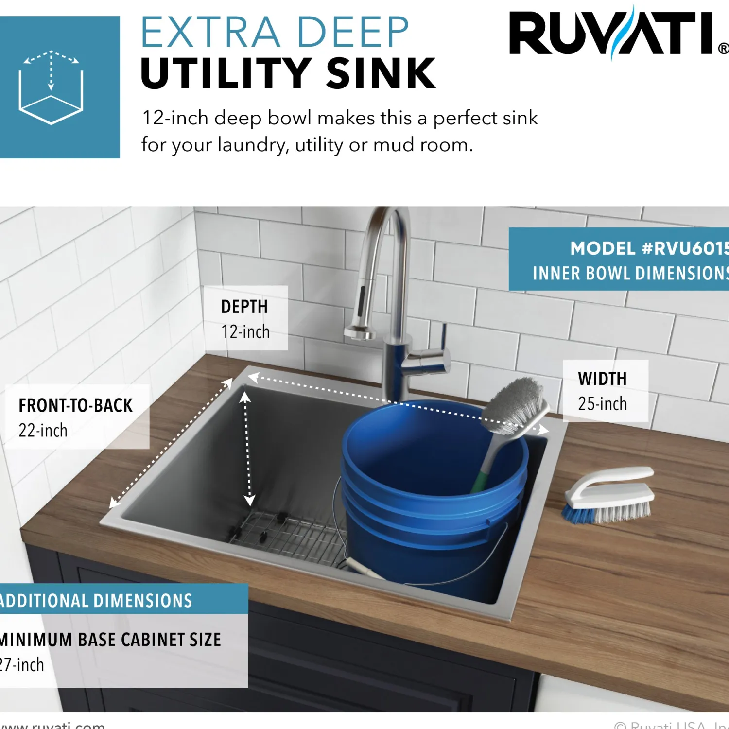 12" Deep Small Radius Topmount 25" x 22" Laundry Sink Drop-In / Top Mount Sinks|Stainless Steel Sinks