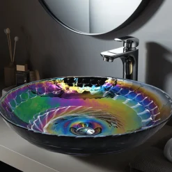 Best 16" Glass Art Vessel Circle Decorative Pattern Bathroom Sink - Cosmic Black Above Counter / Vessel Sinks