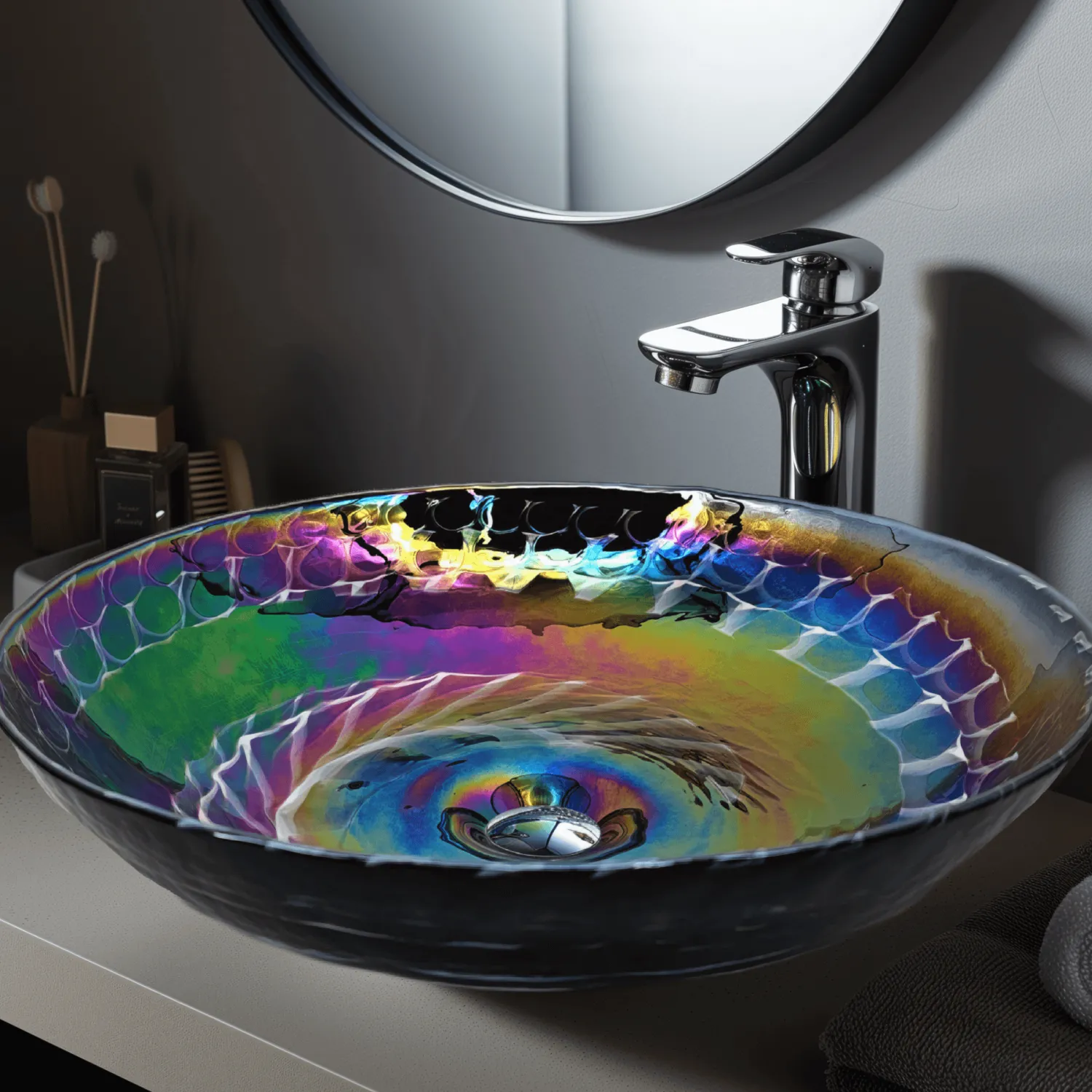 Best 16" Glass Art Vessel Circle Decorative Pattern Bathroom Sink - Cosmic Black Above Counter / Vessel Sinks