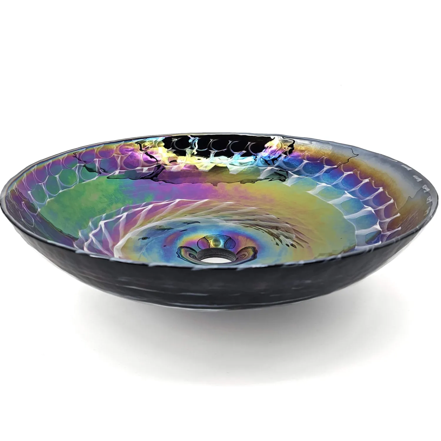 Best 16" Glass Art Vessel Circle Decorative Pattern Bathroom Sink - Cosmic Black Above Counter / Vessel Sinks