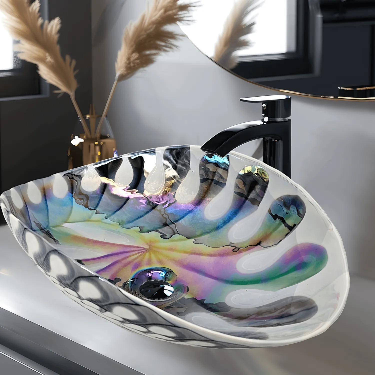 Sale 19" Glass Art Vessel Seashell Decorative Pattern Bathroom Sink - Spira Luxe Pearl White Above Counter / Vessel Sinks