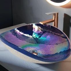 Outlet 19" Glass Art Vessel Seashell Decorative Pattern Bathroom sink - Celestial Blue Above Counter / Vessel Sinks