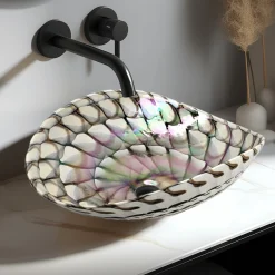 Sale 19" Glass Art Vessel Seashell Decorative Pattern Bathroom Sink - Nautilus Brown Above Counter / Vessel Sinks