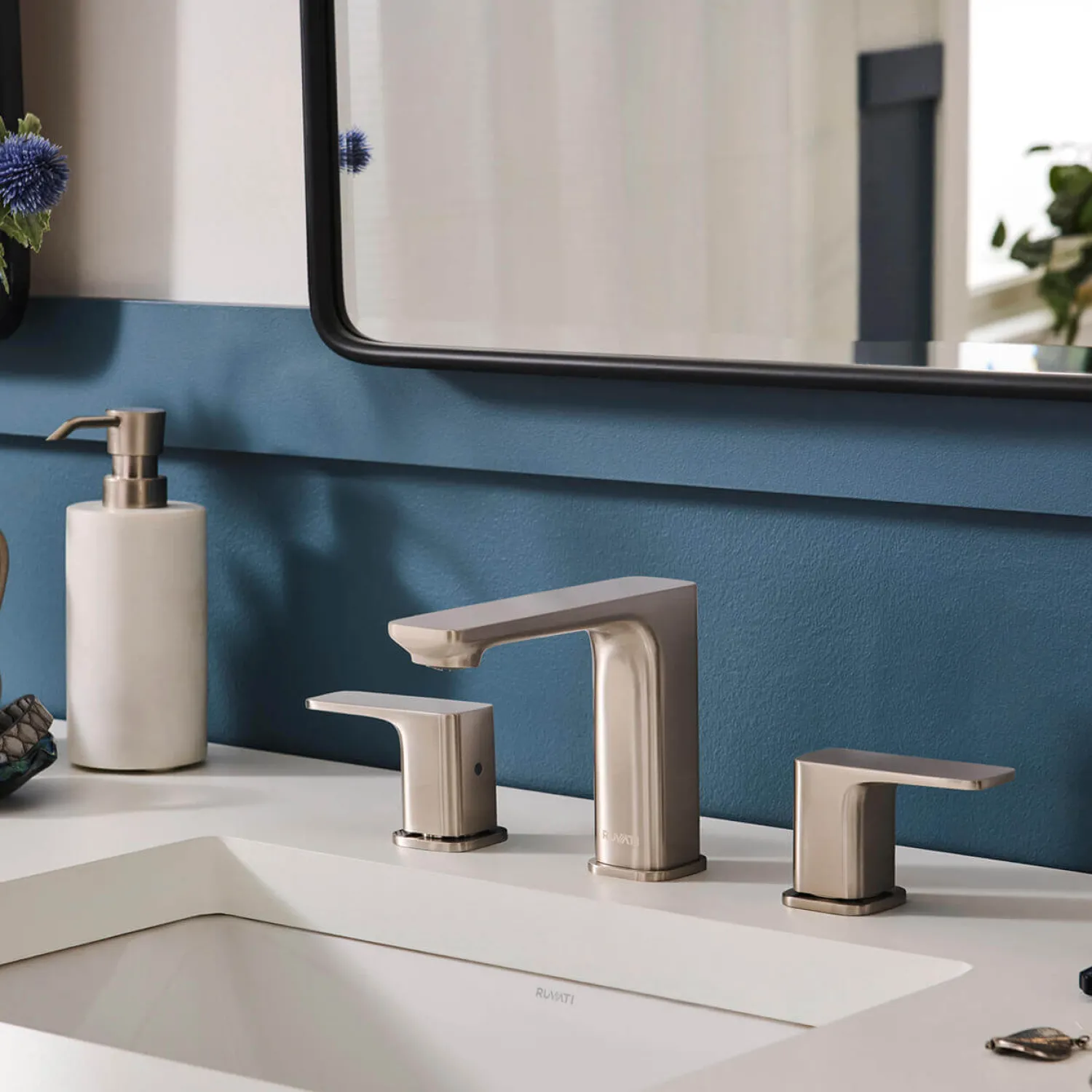 Online Lanai Two Handle Widespread Modern Rectangular Square Bathroom Faucet in Brushed Nickel Stainless - RVF5237BN 8" Widespread