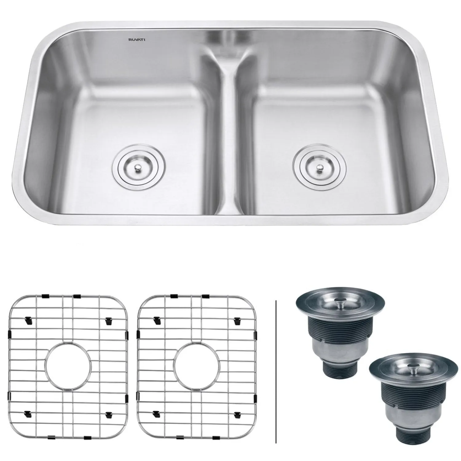 Hot 32" Low-Divide 50/50 Double Bowl Undermount 16 Gauge Stainless Steel Kitchen Sink Stainless Steel Sinks|Double Bowl Sinks