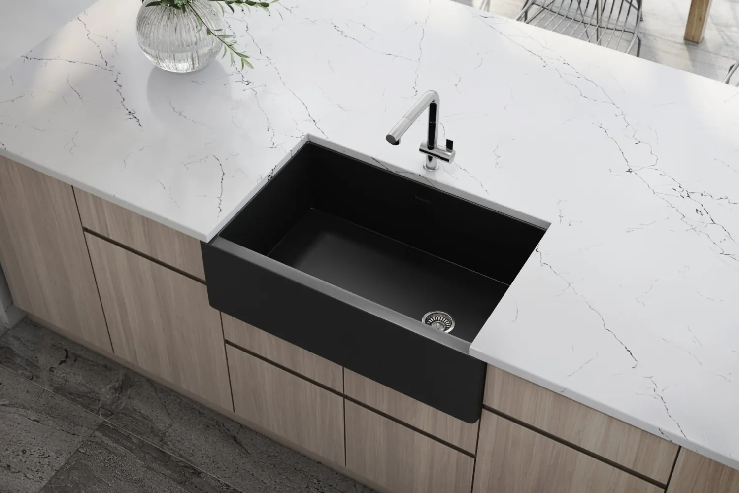 Discount Matte Black 30" Fireclay Farmhouse Offset Drain Single Bowl Kitchen Sink Single Bowl Sinks|Apron Front / Farmhouse Sinks