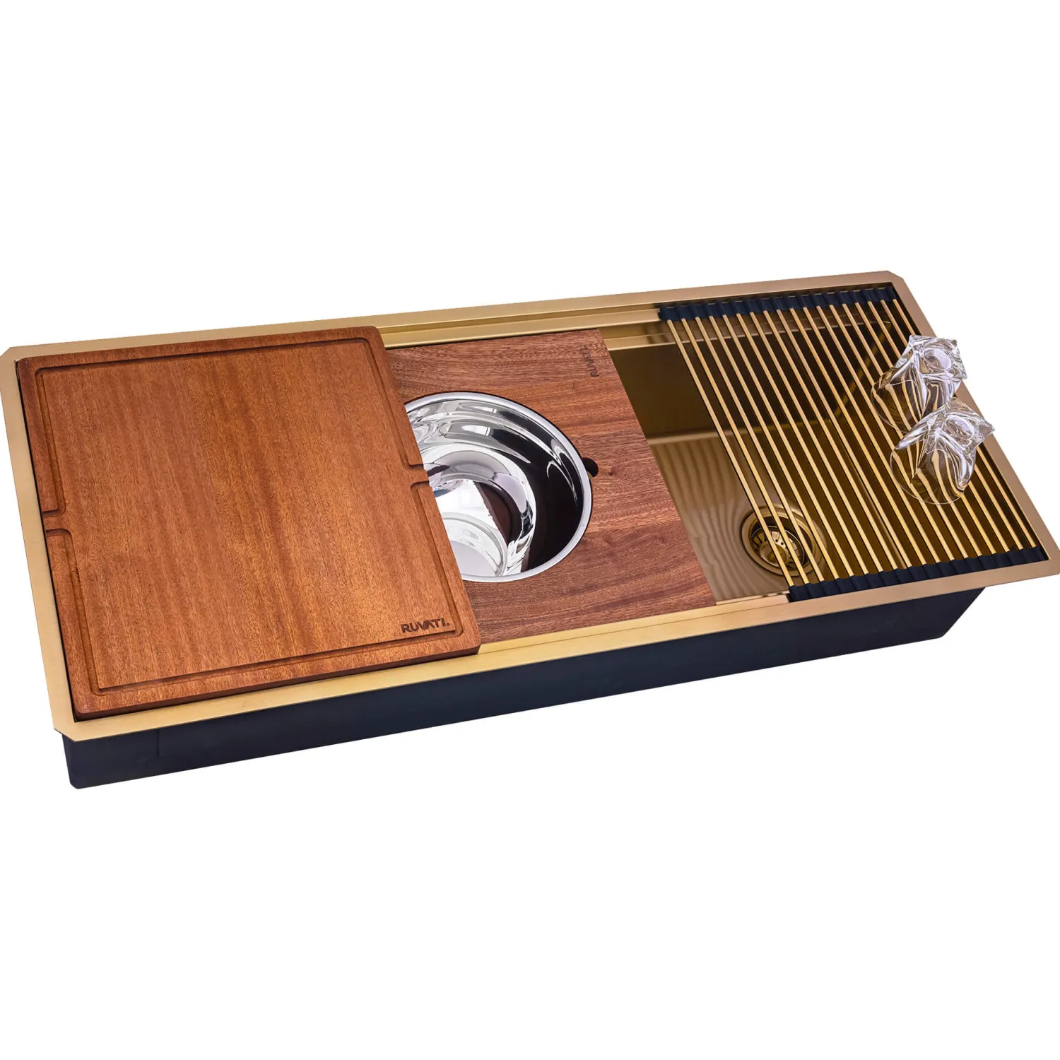 Discount 45" Matte Gold Stainless Steel Workstation Two-Tiered Ledge Undermount Kitchen Sink Gunmetal, Brass, & Gold|Workstation Sinks