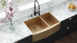 Discount 33" Matte Gold Stainless Steel 60/40 Double Bowl Apron Front Farmhouse Kitchen Sink Stainless Steel Sinks|Double Bowl Sinks