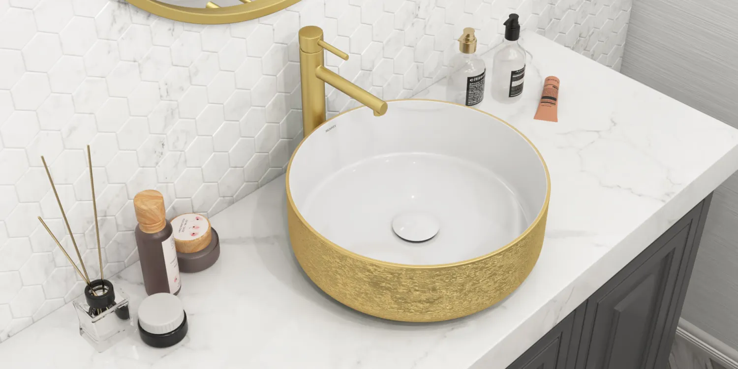 Outlet 14" Round Bathroom Vessel Sink | White with Gold Exterior Above Counter / Vessel Sinks