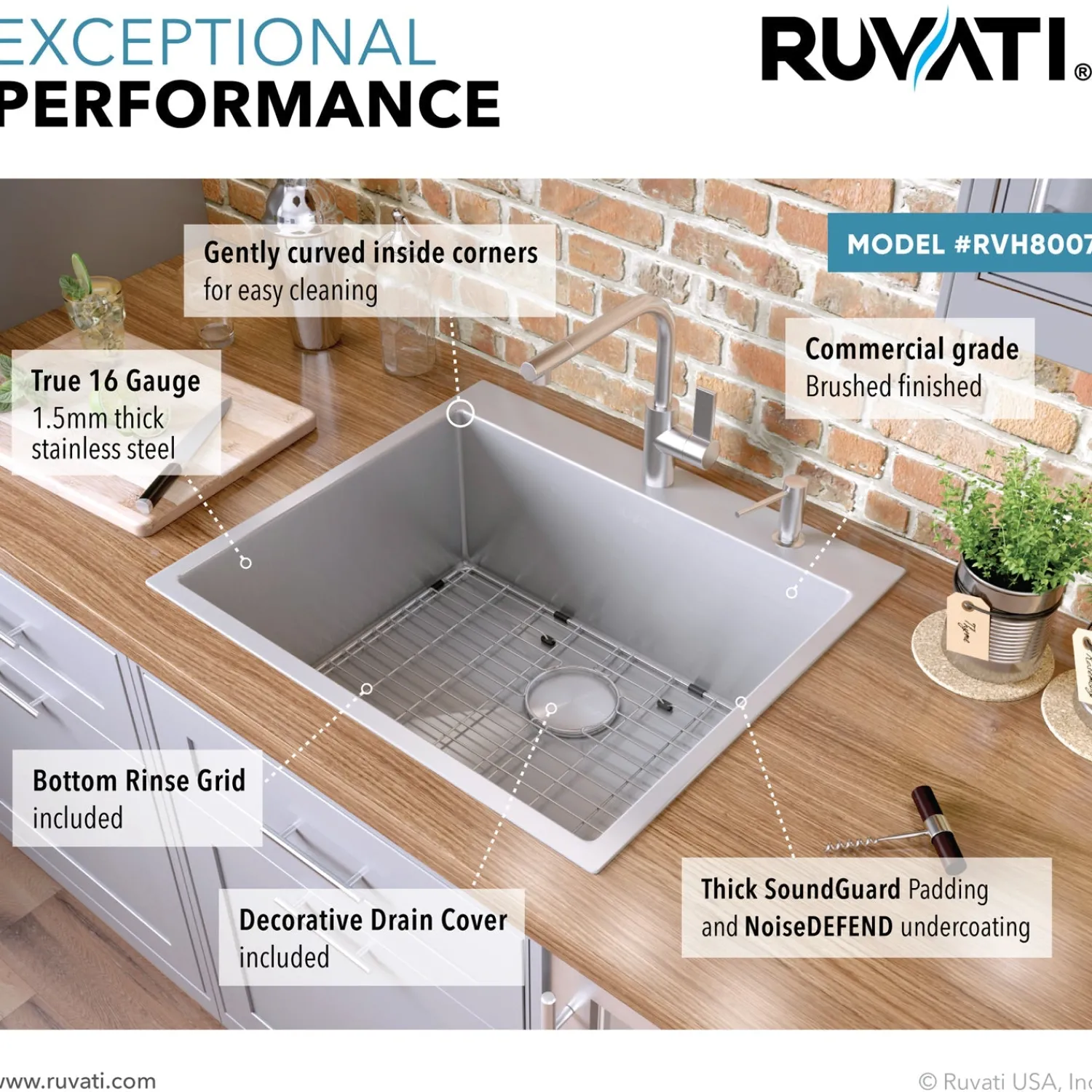 Discount RVH8007 25" Drop-in Tight Radius Topmount 16 Gauge Stainless Steel Single Bowl Kitchen Sink Drop-In / Top Mount Sinks|Stainless Steel Sinks