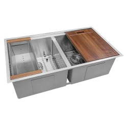 Hot RVH8351 33" Workstation Ledge Tight Radius 50/50 Double Bowl Undermount Kitchen Sink Workstation Sinks|Double Bowl Sinks