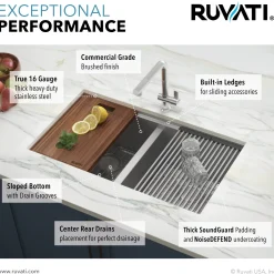 Best RVH8356 33" Workstation Ledge 60/40 Double Bowl Undermount 16 Gauge Stainless Steel Kitchen Sink Stainless Steel Sinks|Double Bowl Sinks