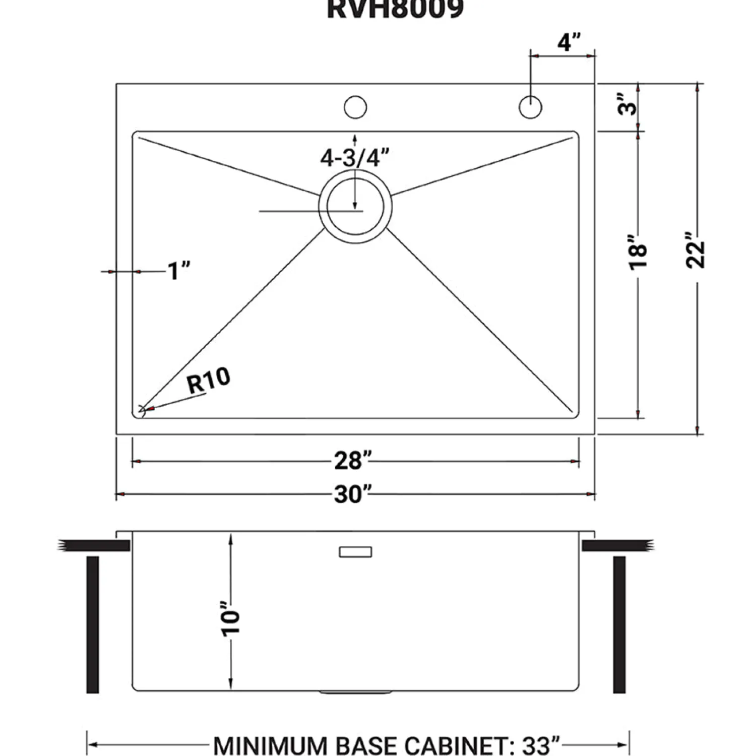 RVH8009 30 x 22" Drop-in Tight Radius Topmount 16 Gauge Stainless Steel Single Bowl Kitchen Sink Drop-In / Top Mount Sinks|Stainless Steel Sinks