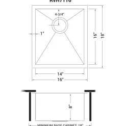 RVH7116 16 x 18" Undermount Bar Prep Tight Radius 16 Gauge Stainless Steel Single Bowl Kitchen Sink Bar / Prep Sinks
